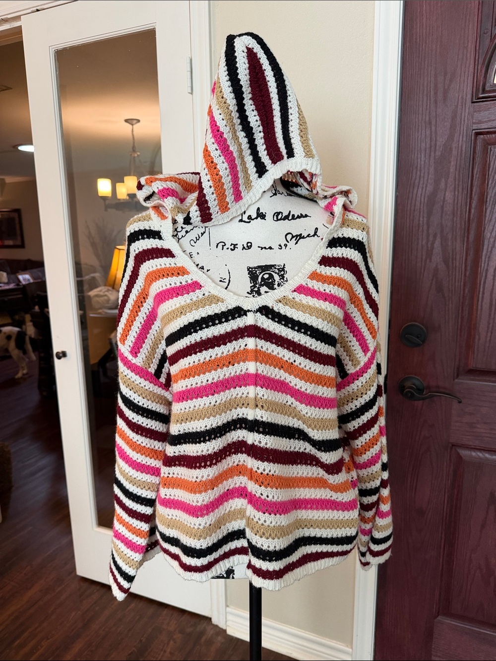 POL Striped V-Neck Hooded Sweater in Cream, Pink, Orange & Black